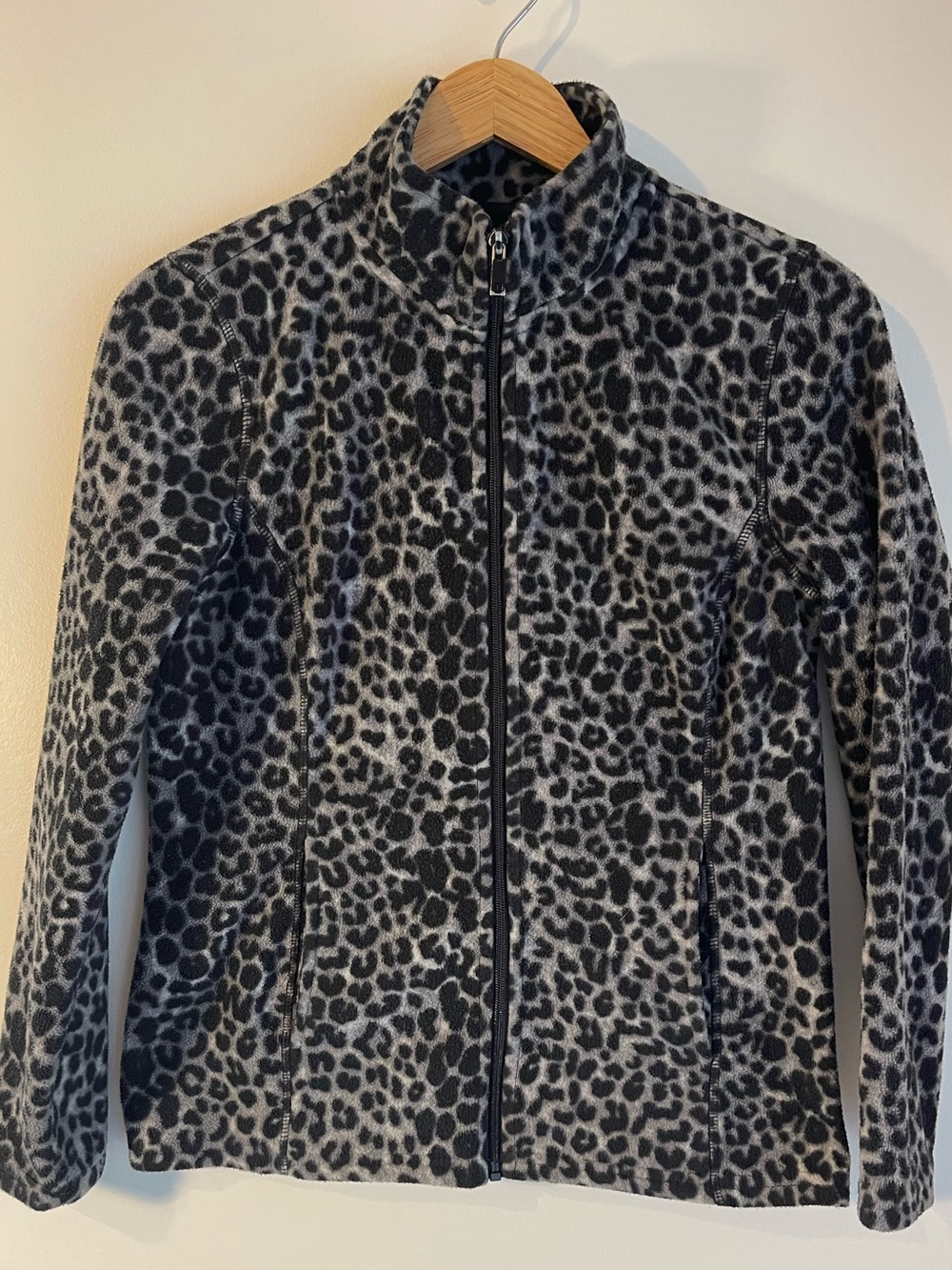 Grey Black Leopard Snow Cheetah Print Fleece Full Zip Jacket S